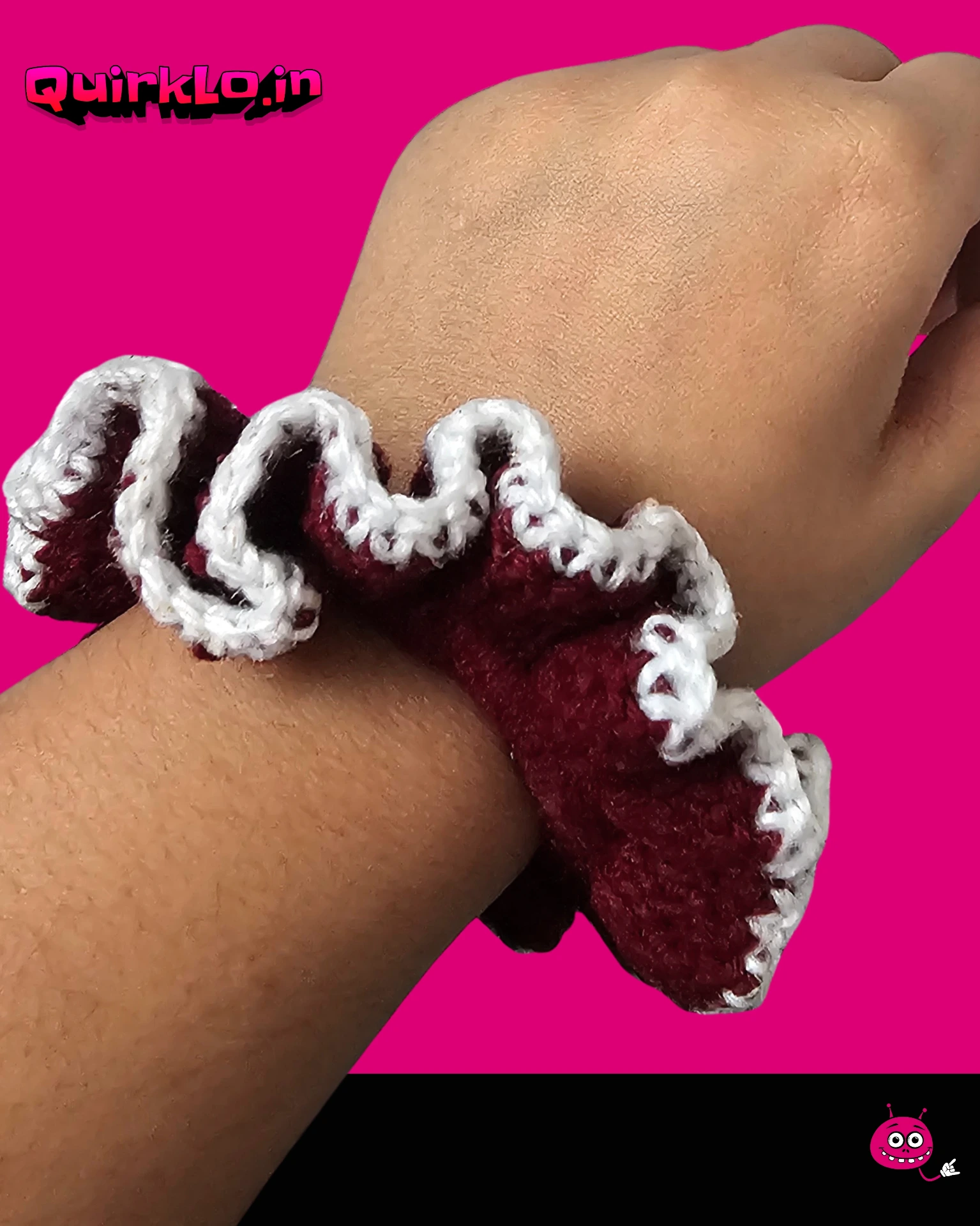 Maroon and white crochet Scrunchie